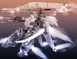 1girl absurdres armor autocannon banshee_(last_origin) beam_rifle black_background breasts brown_background cannon commentary_request energy_gun energy_sword firing flying gigantic_breasts gradient_background green_hair gun gundam gundam_battle_operation_2 gundam_unicorn hair_between_eyes highres holding holding_gun holding_sword holding_weapon korean_commentary last_origin lazy_ant long_hair looking_ahead machinery mecha_musume missile mobile_suit original prototype_stark_jegan science_fiction solo sword thrusters vernier_thrusters weapon