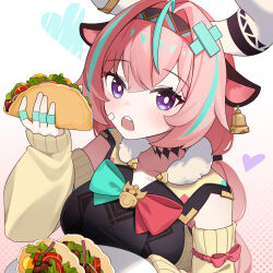 1girl animal_ears bow bowtie eating ehen_yyy food genshin_impact highres holding holding_food long_hair long_sleeves looking_at_viewer open_mouth pink_hair purple_eyes solo taco upper_body varesa_(genshin_impact)