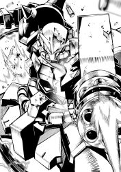 Rule 34 | chain gun, eye trail, firing, glowing, glowing eye, gouf custom, greyscale, gundam, gundam 08th ms team, highres, kichigoe, light trail, making-of available, mecha, mobile suit, monochrome, no humans, one-eyed, robot, science fiction, shell casing, zeon