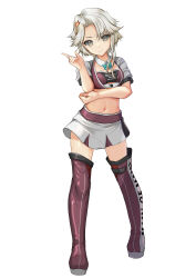 Rule 34 | 1girl, absurdres, akishimo (kancolle), aqua-framed eyewear, aqua bow, aqua bowtie, asymmetrical hair, bad source, bandeau, bow, bowtie, braid, brown hair, clothes writing, commentary request, cowboy shot, cropped jacket, detached collar, gradient hair, grey eyes, grey hair, hair ornament, hair ribbon, hand on own elbow, highres, index finger raised, jacket, kantai collection, leaf hair ornament, looking at viewer, midriff, multicolored hair, navel, pleated skirt, purple bandeau, purple thighhighs, race queen, ribbon, short hair, short hair with long locks, simple background, skirt, solo, standing, thighhighs, white background, white jacket, white ribbon, white skirt, yashin (yasinz)