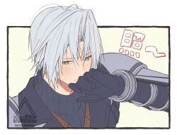 Rule 34 | 1boy, armor, black gloves, blush, chest strap, covering own mouth, embarrassed, final fantasy, final fantasy vii, final fantasy vii ever crisis, gloves, green eyes, grey hair, hand over own mouth, male focus, pauldrons, sephiroth, sephiroth (ever crisis), short hair, shoulder armor, slit pupils, sweater, turtleneck, turtleneck sweater, yunyunonigiri
