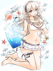 1girl :o anklet bare_legs barefoot bikini bikini_skirt black_bow blonde_hair blooper_(mario) blush book bow breasts cleavage collarbone corrin_(female)_(fire_emblem) corrin_(female)_(novice_vacationer)_(fire_emblem) corrin_(fire_emblem) creatures_(company) fire_emblem fire_emblem_fates fish floating floating_object flower flower_necklace front-tie_bikini_top front-tie_top full_body game_freak geckolion gen_1_pokemon glowing grimoire hair_between_eyes hand_on_own_chest jewelry kneeling long_hair looking_at_viewer mario_(series) medium_breasts navel necklace nintendo official_alternate_costume open_book open_mouth pink_flower pointy_ears pokemon pokemon_(creature) red_eyes school_of_fish shark starfish staryu stomach swimsuit thigh_strap very_long_hair wavy_mouth white_bikini white_bow