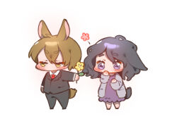 Rule 34 | 1boy, 1girl, animal ears, black hair, black jacket, black pants, blush, brown hair, chibi, chibi only, coat, collared shirt, commentary request, dress, flower, formal clothes, giving flower, grey coat, hair between eyes, happy aura, hetero, highres, holding, holding flower, jabuchi you, jacket, kemonomimi mode, korean commentary, lapels, long sleeves, lop rabbit ears, medium hair, mrluvumr, necktie, no mouth, notched lapels, open clothes, open coat, pants, purple dress, purple eyes, rabbit boy, rabbit ears, rabbit girl, rabbit tail, red necktie, saibou shinkyoku, shirt, short hair, simple background, suit, tail, v-shaped eyebrows, white background, white shirt, yanagi nina, yellow eyes, yellow flower