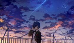 Rule 34 | 1boy, adjusting hair, arm behind head, behind-the-head headphones, black jacket, blazer, blue sky, closed eyes, cloud, cloudy sky, digital media player, dress shirt, evening, facing to the side, hair over one eye, hand in own hair, hand in pocket, hand up, headphones, jacket, lanyard, listening to music, male focus, open clothes, open jacket, outdoors, persona, persona 3, purple sky, railing, school uniform, shirt, shooting star, sky, smile, star (sky), tsukitaka, turning head, watermark, white shirt, windmill, yuuki makoto (persona 3)
