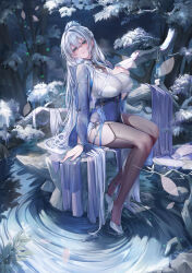 1girl absurdres blue_eyes blurry blurry_background breasts chinese_knot cleavage covered_navel grey_hair high_heels high_ponytail highres large_breasts leaf long_hair long_sleeves looking_at_viewer lrrer nature original outdoors ponytail see-through_clothes solo tree very_long_hair water