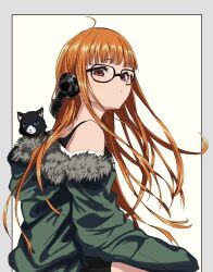 Rule 34 | 1girl, :/, ahoge, animal, animal in clothes, behind-the-head headphones, black-framed eyewear, black cat, blunt bangs, cat, closed mouth, fur-trimmed jacket, fur trim, glasses, green jacket, headphones, highres, hood, hood down, hooded jacket, jacket, long hair, looking at viewer, off shoulder, orange hair, persona, persona 5, purple eyes, s-m-53413, sakura futaba, simple background, very long hair, white background