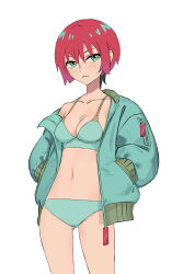 1girl absurdres amate_yuzuriha annoyed aqua_bra aqua_eyes aqua_panties bikini blush bra breasts cleavage commentary_request daoshitaka frown green_bikini green_eyes green_jacket gundam gundam_gquuuuuux hands_in_pockets highres hood hood_down hooded_jacket jacket long_sleeves looking_at_viewer medium_breasts navel open_clothes open_jacket panties red_hair short_hair simple_background solo standing stomach sweater swimsuit underwear white_background