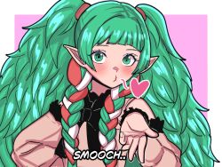 1girl blowing_kiss braid fire_emblem fire_emblem:_three_houses green_eyes green_hair heart long_hair looking_at_viewer mnejing30 nintendo reaching reaching_towards_viewer solo sothis_(fire_emblem)