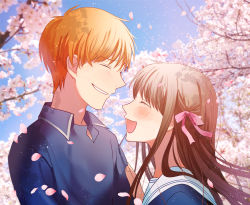 1girl absurdres brown_hair cherry_blossoms closed_eyes denddden fruits_basket hair_ribbon highres honda_tooru long_hair open_mouth orange_hair petals ribbon school_uniform serafuku smile sohma_kyou