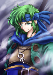 1boy asymmetrical_bangs belt belt_buckle blue_cape blue_corset blue_headband brown_belt brown_shirt buckle buttons cape closed_mouth commentary_request corset fuyuzato_seia green_eyes green_hair green_jacket grey_background headband holding holding_polearm holding_weapon hoshi_wo_miru_hito jacket jewelry long_sleeves looking_at_viewer male_focus medium_hair necklace open_clothes open_jacket polearm shiba_(hoshi_wo_miru_hito) shirt smile solo stargazer_(series) upper_body v-shaped_eyebrows weapon wind