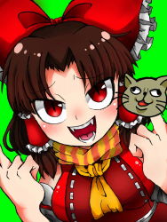 1girl ascot benikurage_(cookie) blush bow breasts brown_hair censored character_censor commentary_request cookie_(touhou) detached_sleeves double_middle_finger fangs frilled_bow frilled_hair_tubes frills green_background hair_bow hair_tubes hakurei_reimu highres impossible_clothes impossible_shirt looking_at_viewer manatsu_no_yo_no_inmu medium_breasts medium_hair middle_finger miura_cat novelty_censor nuru_nuru_3 open_mouth orange_scarf parted_bangs red_bow red_eyes red_shirt scarf shirt sidelocks simple_background sleeveless sleeveless_shirt slit_pupils smile solo striped_clothes striped_scarf touhou upper_body white_sleeves yellow_ascot yellow_scarf