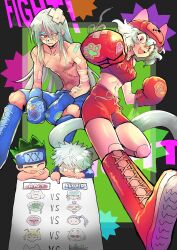 1girl 3boys :d absurdres androgynous animal_ears bandages blue_eyes blue_footwear blue_shorts boxing_gloves breasts cat_ears cat_tail crop_top curly_hair fang full_body gon_freecss grey_background grey_eyes grey_hair hat highres hunter_x_hunter killua_zoldyck kite_(hunter_x_hunter) long_hair looking_at_viewer multiple_boys navel neferpitou open_mouth pink_eyes red_footwear red_hat red_shirt red_shorts shirt shorts simple_background smile standing tail tamvn7dloekjfu7 topless_male very_long_hair white_hair