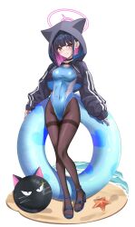 1girl alternate_costume animal_hood black_choker black_hair black_jacket black_pantyhose blue_archive blue_one-piece_swimsuit breasts cat_hood choker colored_inner_hair competition_swimsuit covered_navel cropped_jacket extra_ears full_body halo hibika highleg highleg_one-piece_swimsuit highres hood hood_up hooded_jacket innertube jacket kazusa_(blue_archive) looking_at_viewer medium_breasts multicolored_hair multicolored_swimsuit one-piece_swimsuit pantyhose pantyhose_under_swimsuit pink_hair pink_halo sandals short_hair smile solo standing swim_ring swimsuit thighband_pantyhose two-tone_swimsuit