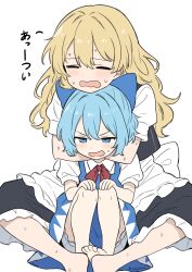 2girls absurdres barefoot blonde_hair bloomers blue_eyes blue_hair bow cirno closed_eyes hair_bow highres hot hug hug_from_behind indian_style kirisame_marisa long_hair medium_hair multiple_girls sitting sitting_on_lap sitting_on_person snackdang sweat touhou underwear white_background