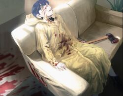 1boy axe black_sweater blood blood_on_clothes blood_on_face blood_on_ground blood_on_hands bloody_weapon blue_hair blunt_bangs collared_coat couch head_back highres holding holding_axe horror_(theme) leaning_back looking_ahead looking_up male_focus on_couch orange_eyes original parted_lips raincoat riroi_(rntr_ll) short_hair sitting solo sweater turtleneck turtleneck_sweater upper_body weapon wide-eyed yellow_raincoat