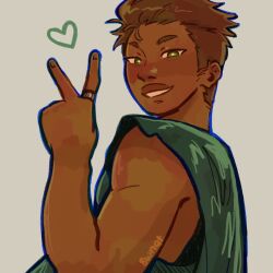1boy 8wnqt :d blue_outline brown_hair crew_cut dark-skinned_male dark_skin derek_suarez green_eyes green_tank_top grin heart highres jewelry looking_at_viewer looking_back male_focus open_mouth our_life our_life:_beginnings_and_always outline ring smile solo tank_top toned toned_male upper_body v