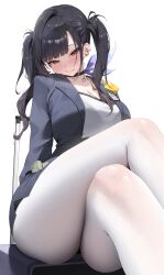 Rule 34 | 1girl, absurdres, black choker, black hair, blush, breasts, choker, cleavage, closed mouth, collarbone, commentary, crossed legs, goddess of victory: nikke, highres, jacket, jewelry, large breasts, long hair, looking at viewer, nikku nana, on suitcase, open clothes, open jacket, pantyhose, red eyes, shirt, simple background, sitting, skirt, smile, solo, sora (nikke), suitcase, symbol-only commentary, twintails, white background, white pantyhose, white shirt