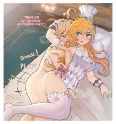 1boy 1girl aether_(genshin_impact) ahoge apron blonde_hair blue_eyes blush border breasts chef_hat closed_eyes clothed_female_nude_male commentary english_commentary english_text escoffier_(genshin_impact) genshin_impact hat hetero highres large_breasts long_hair lying naked_apron nude on_bed on_side open_mouth pillow plap sex sex_from_behind sound_effects thighhighs valenthania white_border white_thighhighs wrist_cuffs