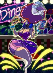 afro boo_(mario) breasts burger dj dj_phantasmagloria food from_side ghost hair_over_eyes headphones highres jewelry licker610 lips luigi&#039;s_mansion luigi&#039;s_mansion_3 mario_(series) nintendo skirt soda strapless teeth tube_top wig