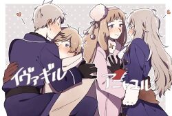 2boys 2girls ascot axis_powers_hetalia back belt black_belt black_gloves blonde_hair blue_jacket blue_pants blush border brown_coat brown_gloves carrying carrying_person closed_eyes closed_mouth coat dress dual_persona fu_tooon fur-trimmed_dress fur-trimmed_sleeves fur_hat fur_trim genderswap genderswap_(mtf) gloves grey_background grey_hair hair_between_eyes hairband hand_on_another&#039;s_chest hand_on_another&#039;s_shoulder hat heart hug jacket kissing_hair long_hair long_sleeves looking_at_another military_jacket military_uniform mini_hat multiple_boys multiple_girls one_eye_closed open_clothes open_jacket outside_border pants pink_dress pink_hairband pink_hat pink_ribbon polka_dot polka_dot_background pom_pom_(clothes) prussia_(female)_(hetalia) prussia_(hetalia) purple_eyes ribbon russia_(female)_(hetalia) russia_(hetalia) scarf short_hair smile sweatdrop v-shaped_eyebrows white_ascot white_border white_scarf yaoi yuri