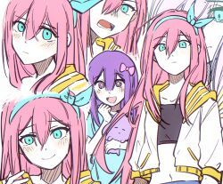 Rule 34 | + +, 2girls, aubrey (faraway) (omori), aubrey (headspace) (omori), aubrey (omori), bailan1130, blue eyes, blue hairband, blue shirt, blush, bow, closed mouth, collarbone, crop top, dual persona, hair bow, hairband, highres, holding, holding stuffed toy, jacket, long hair, long shirt, looking at viewer, lower teeth only, mr. plantegg (omori), multiple girls, omori, open mouth, pink bow, pink hair, purple eyes, purple hair, shirt, short sleeves, stuffed eggplant, stuffed toy, t-shirt, teeth, white jacket