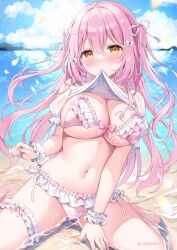 Rule 34 | 1girl, beach, bikini, blue sky, blush, bow, breasts, cleavage, clothes lift, cloud, cloudy sky, day, frills, hair bow, hair ornament, hair ribbon, highres, jewelry, large breasts, long hair, looking at viewer, navel, original, outdoors, pink bikini, pink hair, ribbon, shiono (0303), shirt, shirt lift, sky, solo, stomach, swimsuit, thighlet, water, white shirt, wrist cuffs, yellow eyes