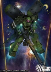 Rule 34 | ammunition box, artist request, battle, cable, cannon, copyright notice, debris, explosion, geara doga, glowing, glowing eye, gundam, gundam card game, gundam unicorn, lens flare, logo, machinery, mecha, mecha focus, mobile suit, neo zeon, no humans, official art, one-eyed, radar dish, radome, realistic, robot, scene reference, science fiction, shield, shoulder spikes, space, spikes, sunrise (company), thrusters, vernier thrusters