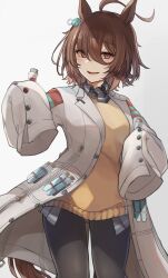 Rule 34 | 1girl, absurdres, agnes tachyon (umamusume), ahoge, animal ears, black necktie, black pantyhose, black shirt, brown hair, chemical structure, collared shirt, cork, earrings, hair between eyes, highres, holding, holding test tube, horse ears, horse girl, horse tail, huge ahoge, jewelry, long sleeves, necktie, pantyhose, parted lips, red eyes, shirt, short hair, short necktie, simple background, single earring, sleeves past fingers, sleeves past wrists, smile, solo, sweater, tail, test tube, tsyn, umamusume, white background, wide sleeves, yellow sweater