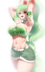 1girl armpits arms_behind_head belt bow breasts cleavage ex-keine green_hair hair_bow highres horn_ornament horn_ribbon horns kamishirasawa_keine kamishirasawa_keine_(hakutaku) large_breasts long_hair midriff navel open_mouth red_eyes ribbon shorts spiced_milk strapless sukusuku_hakutaku touhou tube_top white_belt