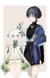1boy 1girl anemo_symbol_(genshin_impact) aqua_gemstone arm_at_side armlet armor belt black_belt black_bodysuit black_bow black_bridal_gauntlets black_eyes black_hair black_shorts bloomers blue_cape blue_kimono blue_sleeves blunt_ends bodysuit border bow bracelet bridal_gauntlets bright_pupils brown_background cape covered_collarbone cross-shaped_pupils crossed_bangs detached_sleeves dress eyeliner eyeshadow feathers gem genshin_impact gold gold_trim green_eyes green_hair green_sleeves grey_nails hair_between_eyes hair_ornament hakama hakama_shorts half_crown_braid hand_up highres holding_another&#039;s_hair hoshino_01074 japanese_armor japanese_clothes jewelry juban kimono kote kurokote layered_sleeves leaf leaf_hair_ornament long_hair makeup middle_ring multicolored_hair nahida_(genshin_impact) open_clothes open_kimono playing_with_another&#039;s_hair pleated_shorts pointy_ears purple_rope purple_sash red_eyeliner red_eyeshadow rope sash scaramouche_(genshin_impact) short_sleeves shorts sidelocks sketch streaked_hair symbol-shaped_pupils tassel turtleneck turtleneck_bodysuit underwear wanderer_(genshin_impact) white_bloomers white_border white_dress white_hair white_kimono white_pupils white_sleeves yellow_feathers