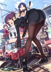 Rule 34 | 10s, 2boys, 3girls, 4girls, :d, ascot, ass, bad id, bad twitter id, bag, bent over, black eyes, black hair, black legwear, brown eyes, brown hair, camera, character request, cloud, day, gloves, hair ornament, hairclip, headphones, kirenenko (usavich), looking at viewer, microphone, minimized, model, multiple boys, multiple girls, open mouth, original, pants, pantyhose, pencil skirt, power lines, rail wars!, railroad tracks, revision, short hair, skirt, sky, smile, train, train attendant, travel attendant, twintails, uniform, usavich, vania600, white gloves