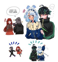 2boys 2girls absurdres alternate_costume bag black_hair blue_hair blush braid card chibi cocotsuko1204 cyno_(genshin_impact) english_text flying_sweatdrops genshin_impact green_hair grey_hair hairband headband highres holding holding_card holding_hands hood hood_up hoodie jacket kinich_(genshin_impact) light_blue_hair long_hair long_sleeves looking_at_another motion_lines mualani_(genshin_impact) multicolored_hair multiple_boys multiple_girls nilou_(genshin_impact) pants parted_bangs red_hair short_hair skirt smile standing sweater tan track_jacket twin_braids two-tone_hair very_long_hair walking waving_arm zipper zipper_pull_tab