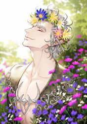 1boy astarion baldur&#039;s_gate baldur&#039;s_gate_3 closed_eyes dungeons_&amp;_dragons dungeons_&amp;_dragons flower happy head_wreath highres male_focus pink_flower purple_flower smile solo sunlight upper_body white_flower white_hair wild5lee yellow_flower