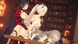 1girl 2futa 3d animated bent_over black_hair breasts bronya_zaychik bronya_zaychik_(herrscher_of_reason) fucked_silly futa_with_female futa_with_futa futanari grey_hair group_sex honkai_(series) honkai_impact_3rd indoors kiana_kaslana kiana_kaslana_(herrscher_of_flamescion) large_breasts library long_hair lowres lucky_pierre medium_breasts multiple_futa ponytail raiden_mei raiden_mei_(herrscher_of_thunder) sex sex_from_behind standing standing_sex table tagme testicles threesome tongue tongue_out very_long_hair video white_hair