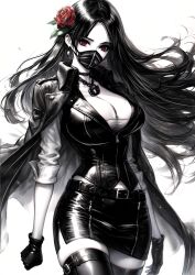 1girl absurdres belt breasts cleavage cowboy_shot flower gloves goddess_of_victory:_nikke highres jacket jacket_on_shoulders large_breasts long_hair long_sleeves looking_at_viewer maiden_(nikke) mask miniskirt mouth_mask nikke2_(7834) red_eyes red_flower shirt simple_background skirt solo spot_color thighhighs very_long_hair white_background white_shirt zettai_ryouiki