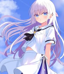 1girl :o =_hair_ornament absurdres arms_behind_back ascot black_ascot blue_eyes blush day highres long_hair looking_at_viewer naruse_shiroha sakuratoru school_uniform serafuku shirt short_sleeves skirt sky solo summer_pockets summer_pockets_school_uniform white_hair white_serafuku white_shirt white_skirt