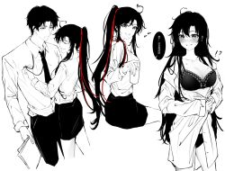 !? 1boy 1girl ahoge alternate_costume alternate_hair_length alternate_hairstyle alternate_universe bare_legs bare_shoulders bite_mark black_bra black_hair black_necktie black_panties black_pants black_skirt blush bra breasts can chinese_commentary chinese_text cleavage closed_eyes closed_mouth collarbone collared_shirt colored_speech_bubble contemporary deeplake_(shen_hu_zhou) dress_shirt genderswap genderswap_(mtf) greyscale hair_between_eyes hair_down hair_ribbon heart heart_ahoge height_difference hetero hickey highres holding holding_can holding_id_card holding_paper id_card lace lace-trimmed_bra lace_trim lan_wangji lanyard large_breasts long_hair long_sleeves looking_at_another looking_at_viewer messy_hair miniskirt modao_zushi monochrome multiple_views necktie off_shoulder office_lady open_clothes open_mouth open_shirt panties pants paper parted_lips partially_undressed pencil_skirt ponytail red_hair red_ribbon ribbon second-party_source shirt shirt_partially_removed shirt_tucked_in sidelocks simple_background sitting skirt smile solo_focus speech_bubble spot_color standing sweatdrop underwear undressing very_long_hair wei_wuxian white_background