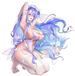 1girl alternate_costume armpits arms_behind_head arms_up blue_eyes blue_flower blush breasts cantarella_(wuthering_waves) center_opening commentary english_commentary facial_mark feet flower hair_flower hair_ornament headdress large_breasts long_hair looking_at_viewer mark_under_eye navel one-piece_swimsuit open_mouth purple_hair sideboob smile solo stomach swimsuit thighhighs thighs toes underboob very_long_hair white_one-piece_swimsuit white_thighhighs wind wuthering_waves xxinainaxx