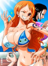 1boy 2girls alternate_costume bikini bikini_pull black_bikini black_hair blue_eyes blue_sky breasts clothes_pull day grin hand_on_own_hip hetero highres large_breasts long_hair looking_at_viewer looking_back multiple_girls nami_(one_piece) navel nico_robin official_alternate_costume ok_sign one_eye_closed one_piece orange_hair pink_shirt shiny_skin shirt shoulder_tattoo side-tie_bikini_bottom simple_background sky smile swimsuit tattoo thong thong_bikini undressing wink yamamoto_doujin