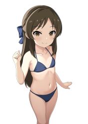 Rule 34 | 1girl, absurdres, baji toufuu (bajitohfu), bikini, blue bikini, blue bow, blush, bow, breasts, brown eyes, brown hair, closed mouth, commentary request, from above, hair bow, highres, idolmaster, idolmaster cinderella girls, idolmaster cinderella girls u149, long hair, looking at viewer, navel, small breasts, smile, solo, standing, stomach, swimsuit, tachibana arisu, thighs, variant set