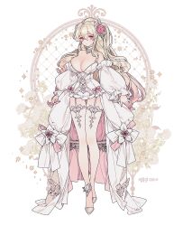1girl bare_shoulders blonde_hair blush bow breasts cleavage closed_mouth detached_sleeves dress flower full_body hair_between_eyes hair_flower hair_ornament high_heels large_breasts lemon89h long_hair long_sleeves looking_at_viewer original puffy_detached_sleeves puffy_sleeves red_eyes rococo_movement rose solo standing strapless strapless_dress thighhighs very_long_hair white_dress white_flower