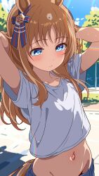 1girl 96dai_0313 absurdres animal_ears blue_eyes blue_ribbon blue_sky blush bow censored closed_mouth cloud commentary_request day ear_ribbon grass_wonder_(umamusume) highres horse_ears horse_girl horse_tail long_hair midriff mosaic_censoring navel outdoors ribbon shirt sky solo t-shirt tail umamusume white_shirt