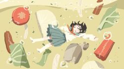 1girl air_bubble black_hair blue_sailor_collar blue_skirt blush bubble closed_eyes food full_body highres long_sleeves mini_person minigirl neckerchief open_mouth original pleated_skirt red_neckerchief sailor_collar school_uniform serafuku shirt short_hair skirt solo soup tsukumizu_yuu underwater white_shirt