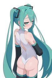 1girl absurdres aqua_eyes aqua_hair ass bare_shoulders black_thighhighs blush commentary_request cowboy_shot detached_sleeves funakinuta hair_ornament half-closed_eyes hatsune_miku highres leotard long_hair simple_background solo thighhighs twintails very_long_hair vocaloid white_background white_leotard