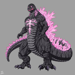 bioluminescence claws elbow_spikes fangs full_body giant giant_monster gills glowing glowing_eyes glowing_mouth glowing_spikes glowing_teeth godzilla godzilla_(monsterverse) godzilla_(series) godzilla_evolved godzilla_x_kong:_the_new_empire highres jaw kaiju king_kong_(series) long_tail monster monsterverse no_humans phil-cho scales sharp_teeth spines tail teeth yellow_eyes