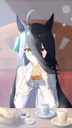 1girl absurdres animal_ears black_hair bread cake coffee collared_shirt cup ear_tag earrings food hair_between_eyes highres holding holding_food horse_ears horse_girl jewelry l_kirschblute light_rays long_bangs long_hair long_hair_between_eyes long_sleeves manhattan_cafe_(umamusume) plate shirt single_earring solo steam umamusume variant_set very_long_hair wavy_mouth white_shirt yellow_eyes