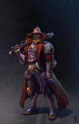 Rule 34 | armor, beard, black background, blonde hair, bolter, chainsword, coat, cowboy hat, dated, facial hair, gloves, hat, highres, holding, holding bolter, holding sword, holding weapon, holster, ibrahem swaid, inquisition (warhammer), inquisitor obiwan sherlock clousseau, male focus, purple eyes, sword, thigh holster, trench coat, warhammer 40k, weapon, yin yang