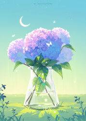 artist_name bug butterfly commentary crescent_moon english_commentary english_text flower grass highres huhv. hydrangea insect leaf moon no_humans original outdoors plant purple_flower scenery sky sparkle star_(sky) star_(symbol) transparent water white_butterfly