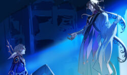 2boys ashiya_douman_(fate) black_hair blonde_hair blue_shirt fate/grand_order fate/stay_night fate_(series) feathered_wings highres honkai:_star_rail honkai_(series) japanese_clothes multiple_boys pako_(pakosun) scene_reference shirt sunday_(honkai:_star_rail) white_hair wings