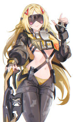 1girl absurdres black_blindfold black_gloves blindfold blonde_hair closed_mouth commentary english_commentary fingerless_gloves gloves glowing_mask gun hair_ornament highres long_hair navel pants rifle simple_background smile sniper_rifle solo stomach tight_clothes tight_pants triangle_hair_ornament trigger_(zenless_zone_zero) weapon white_background wuzhihuijia zenless_zone_zero